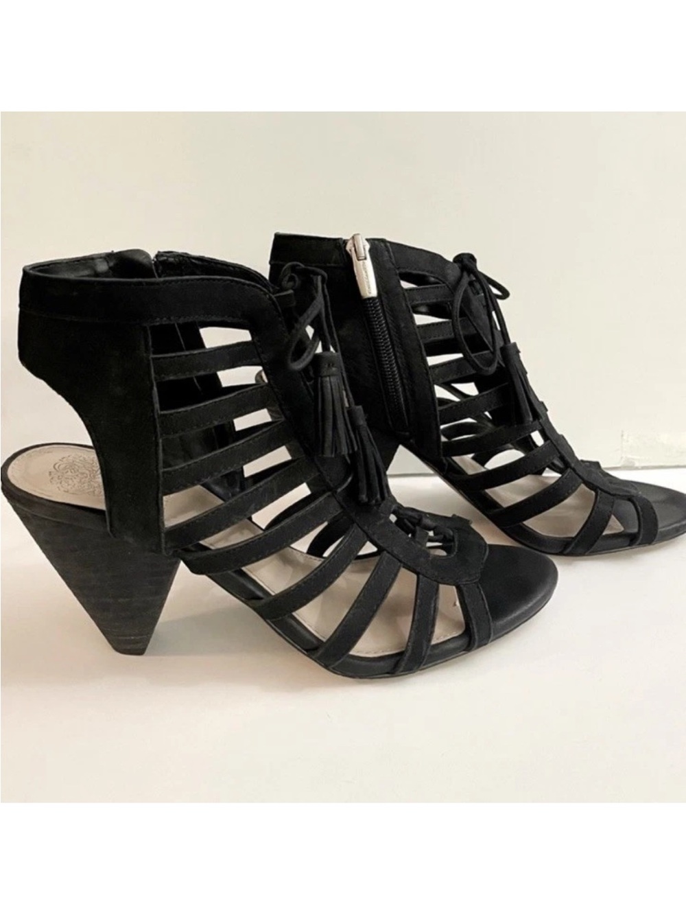 Vince Camuto Black Edola Cone Heels Tassel Tie Sandal SZ 8.5